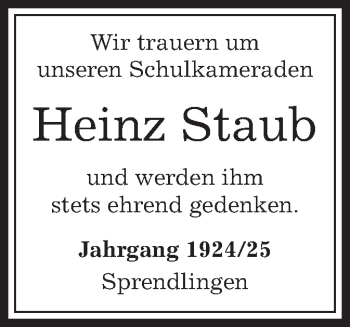 Todesanzeige von Heinz Staub von Offenbach