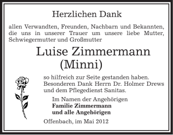 Todesanzeige von Luise Zimmermann von OFFENBACH-POST/HANAU-POST