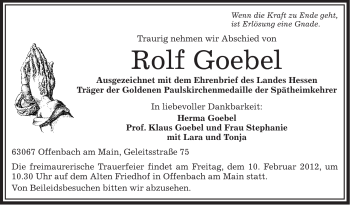 Todesanzeige von Rolf Goebel von OFFENBACH-POST/HANAU-POST