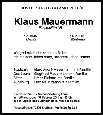 Todesanzeige von Klaus Mauermann von OFFENBACH-POST/HANAU-POST