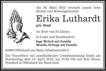 Todesanzeige von Erika Luthardt von OFFENBACH-POST/HANAU-POST