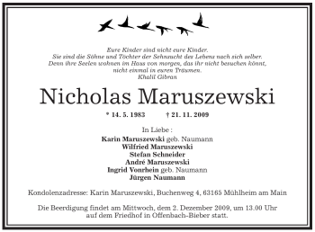 Todesanzeige von Nicholas Maruszewski von OFFENBACH-POST/HANAU-POST