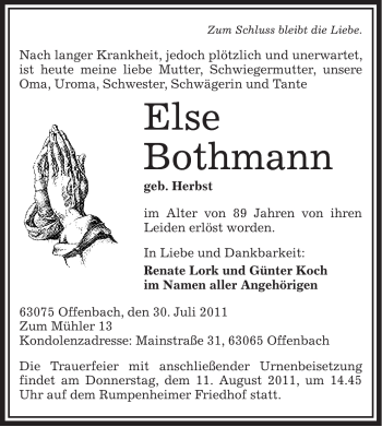 Todesanzeige von Else Bothmann von OFFENBACH-POST/HANAU-POST