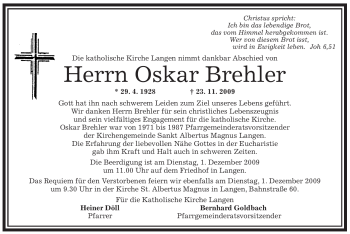 Todesanzeige von Oskar Brehler von OFFENBACH-POST/HANAU-POST