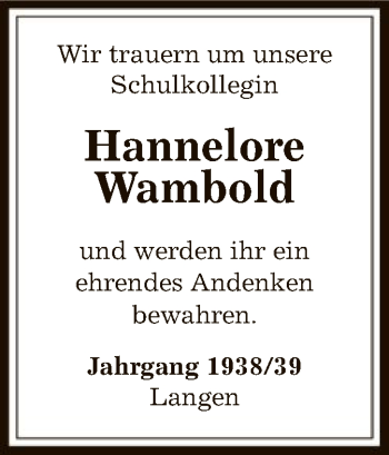 Todesanzeige von Hannelore Wambold von Offenbach