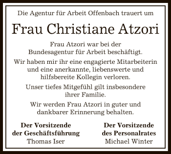 Todesanzeige von Christiane Atzori von Offenbach