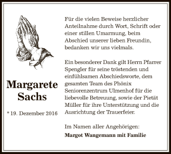 Todesanzeige von Margarete Sachs von Offenbach