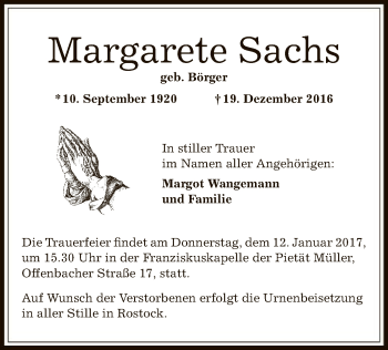 Todesanzeige von Margarete Sachs von Offenbach