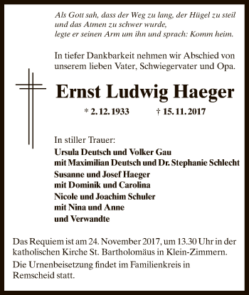 Todesanzeige von Ernst Ludwig Haeger von Offenbach