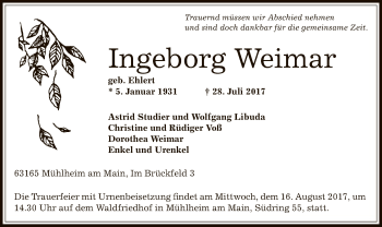 Todesanzeige von Ingeborg Weimar von Offenbach