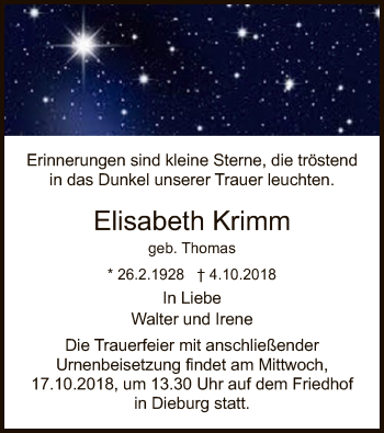 Todesanzeige von Elisabeth Krimm von Offenbach