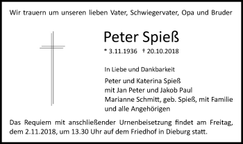 Todesanzeige von Peter Spieß von Offenbach