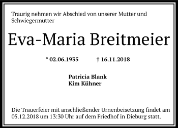 Todesanzeige von Eva-Maria Breitmeier von Offenbach