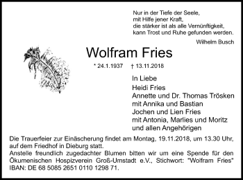 Todesanzeige von Wolfram Fries von Offenbach