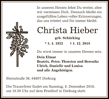 Todesanzeige von Christa Hieber von Offenbach