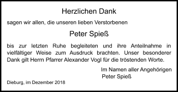 Todesanzeige von Peter Spieß von Offenbach