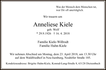 Todesanzeige von Anneliese Kiele von Offenbach