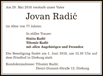 Todesanzeige von Jovan Radic von Offenbach