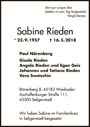 Todesanzeige von Sabine Rieden von Offenbach