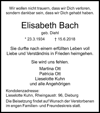 Todesanzeige von Elisabeth Bach von Offenbach