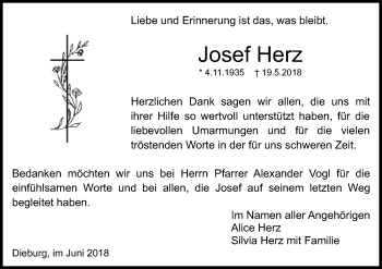 Todesanzeige von Josef Herz von Offenbach