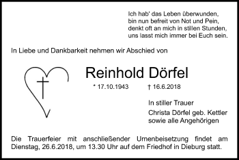 Todesanzeige von Reinhold Dörfel von Offenbach