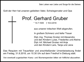 Todesanzeige von Gerhard Gruber von Offenbach