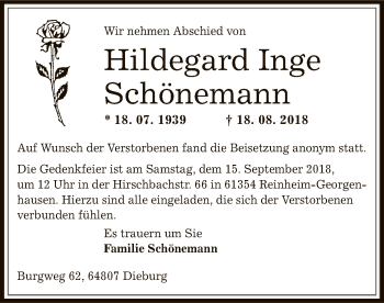 Todesanzeige von Hildegard Inge Schönemann von Offenbach