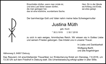 Todesanzeige von Justina Müth von Offenbach