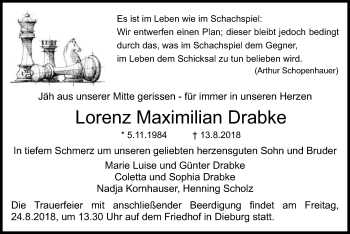 Todesanzeige von Lorenz Maximilian Drabke von Offenbach