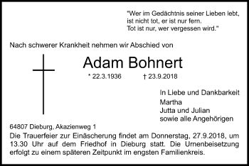 Todesanzeige von Adam Bohnert von Offenbach