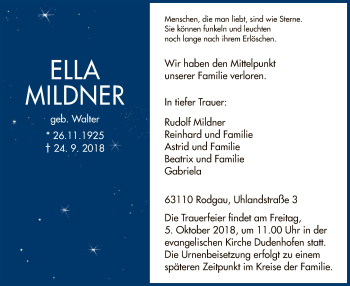 Todesanzeige von Ella Mildner von Offenbach