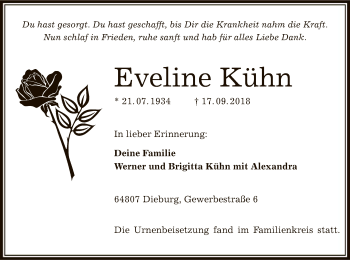 Todesanzeige von Eveline Kühn von Offenbach