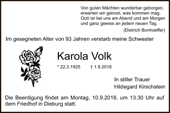 Todesanzeige von Karola Volk von Offenbach