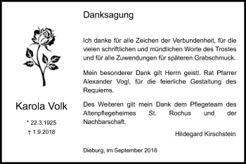 Todesanzeige von Karola Volk von Offenbach