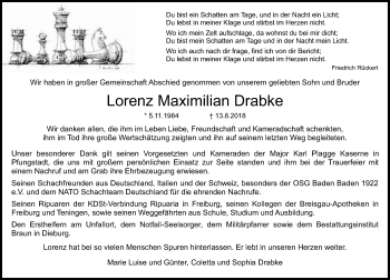 Todesanzeige von Lorenz Maximilian Drabke von Offenbach