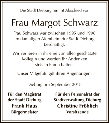 Todesanzeige von Margot Schwarz von Offenbach