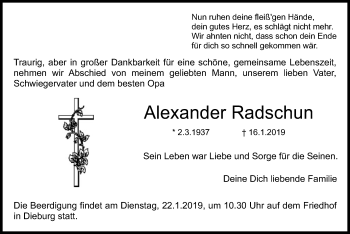 Todesanzeige von Alexander Radschun von Offenbach