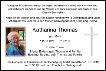 Todesanzeige von Katharina Thomas von Offenbach