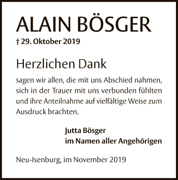 Todesanzeige von Alain Bösger von Offenbach