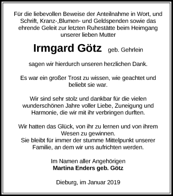 Todesanzeige von Irmgard Götz von Offenbach