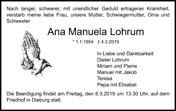 Todesanzeige von Ana Manuela Lohrum von Offenbach