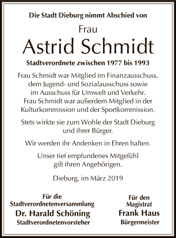 Todesanzeige von Astrid Schmidt von Offenbach