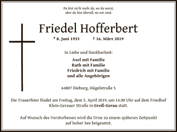 Todesanzeige von Friedel Hofferbert von Offenbach