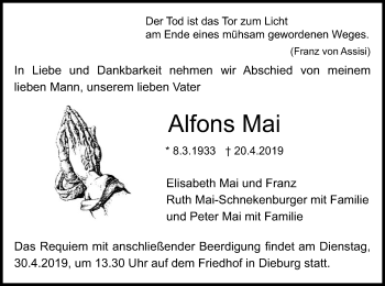 Todesanzeige von Alfons Mai von Offenbach