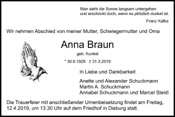 Todesanzeige von Anna Braun von Offenbach