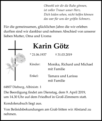 Todesanzeige von Karin Götz von Offenbach