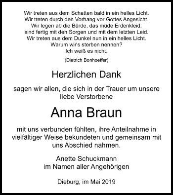 Todesanzeige von Anna Braun von Offenbach