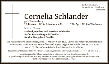 Todesanzeige von Cornelia Schlander von Offenbach