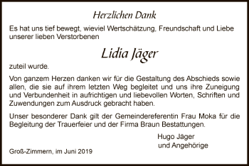 Todesanzeige von Lidia Jäger von Offenbach